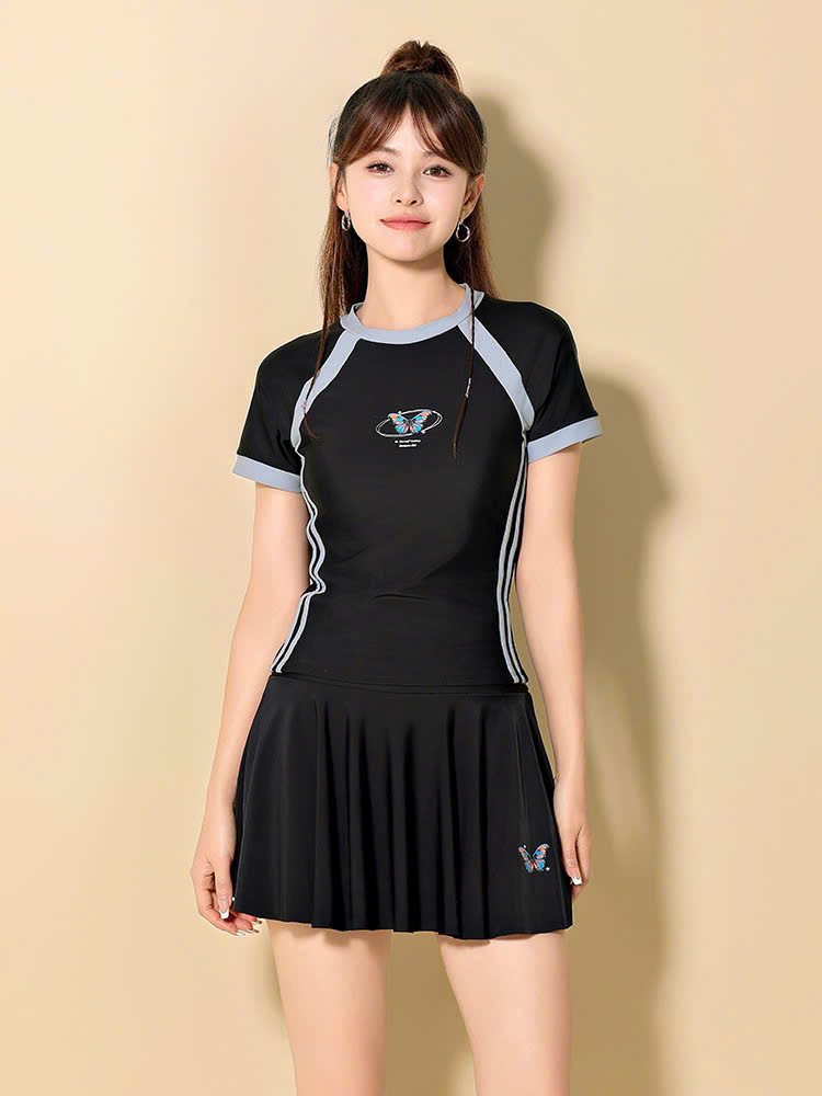 Đồ bơi nữ váy tay ngắn màu đen hoạ tiết buffterfly sang chảnh co giãn 4 chiều cao cấp