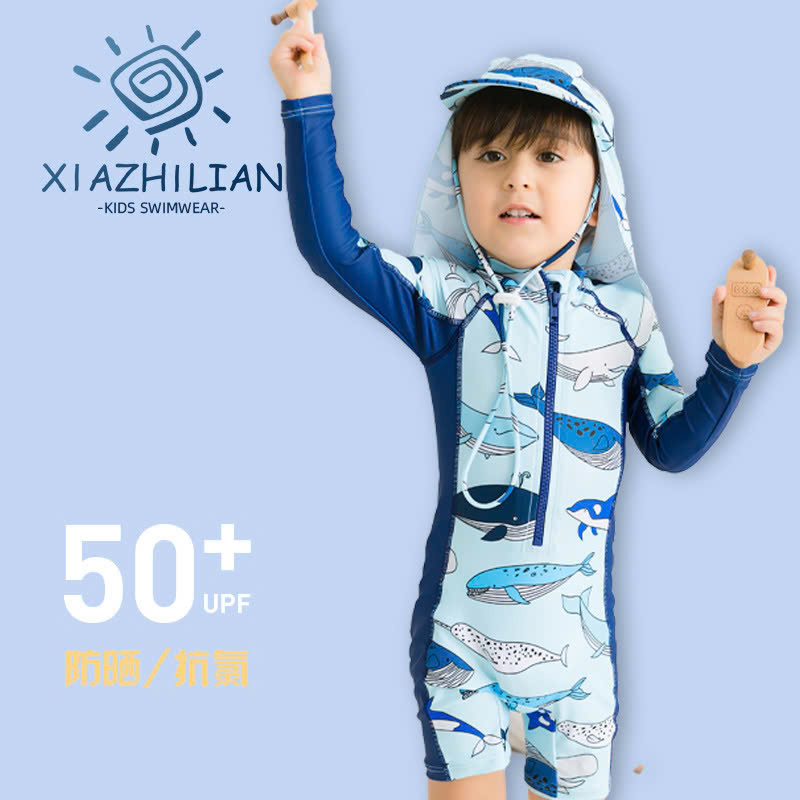 Đồ bơi bé trai tay dài chống nắng chống UV kèm nón che gáy đáng yêu