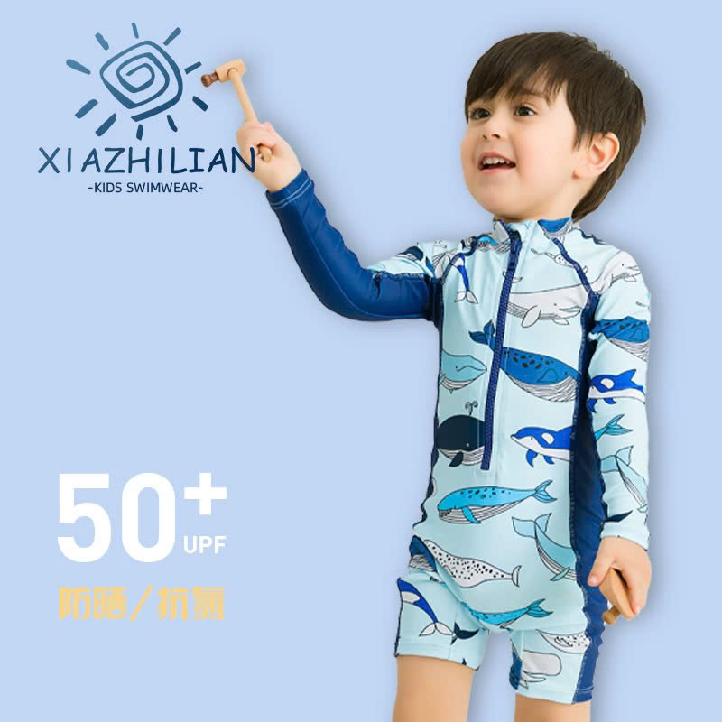 Đồ bơi bé trai tay dài chống nắng chống UV kèm nón che gáy đáng yêu