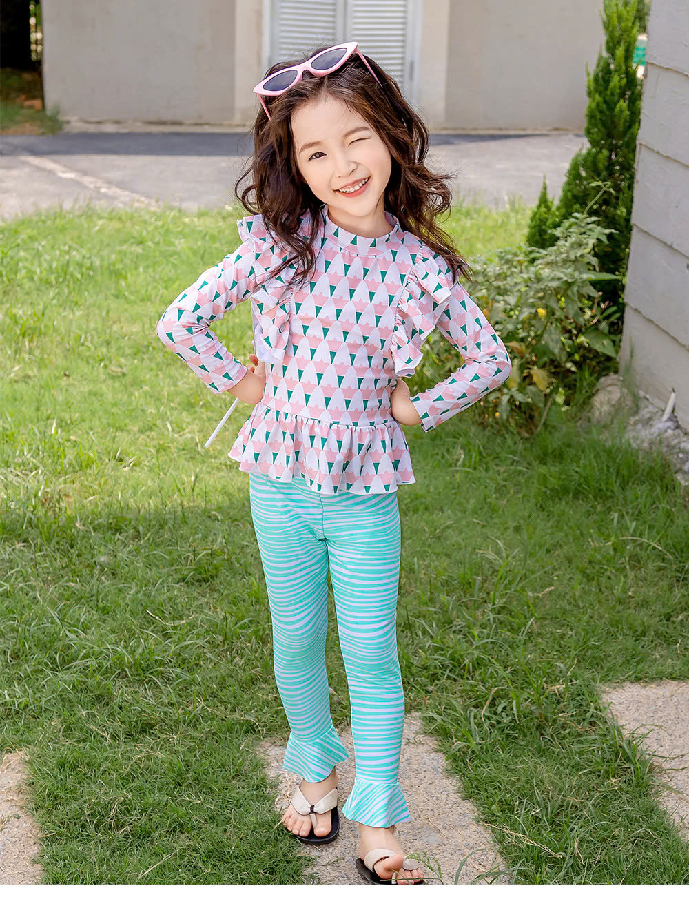Set đồ bơi bé gái tay dài quần dài kèm nón- Họa tiết kẹt ngọt siêu yêu cho bé từ 1-8 tuổi