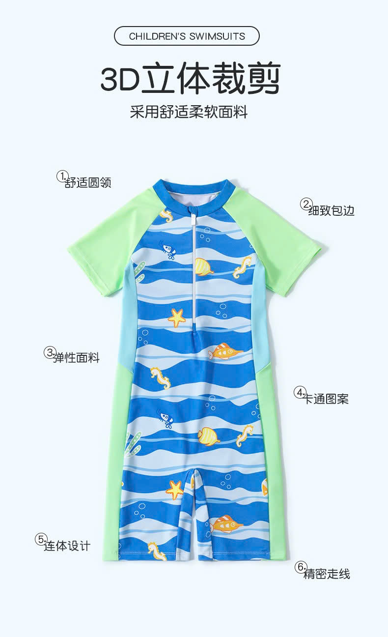 Đồ bơi liền thân bé trai họa tiết đại dương tay ngắn, khóa kéo trước tiện lợi – Hiệu YUKE
