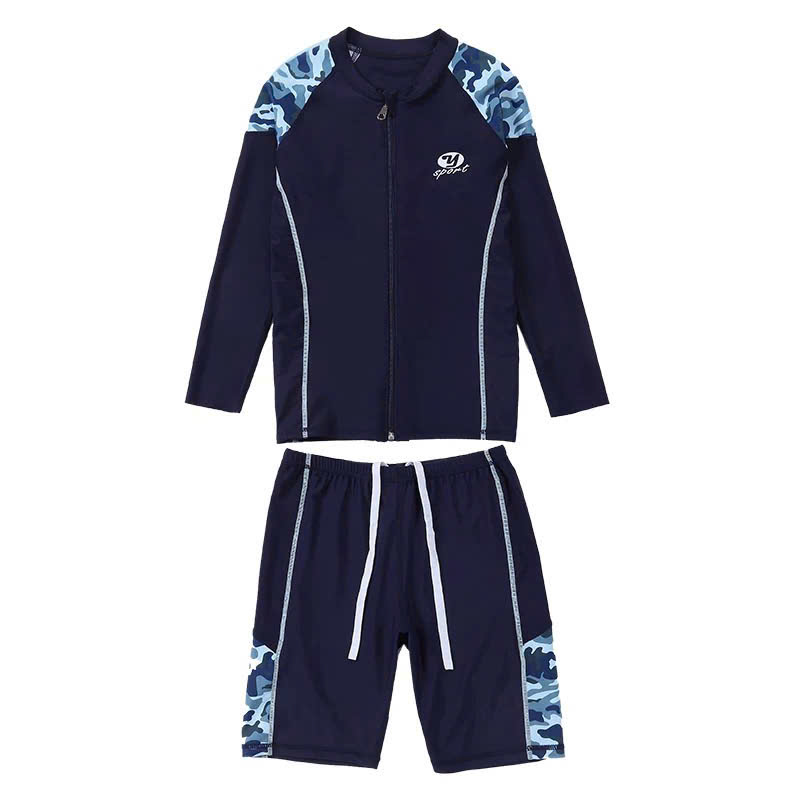 Đồ bơi bé trai tay dài quần lửng Yobel phối vai sườn xám, khóa kéo trước tiện lợi