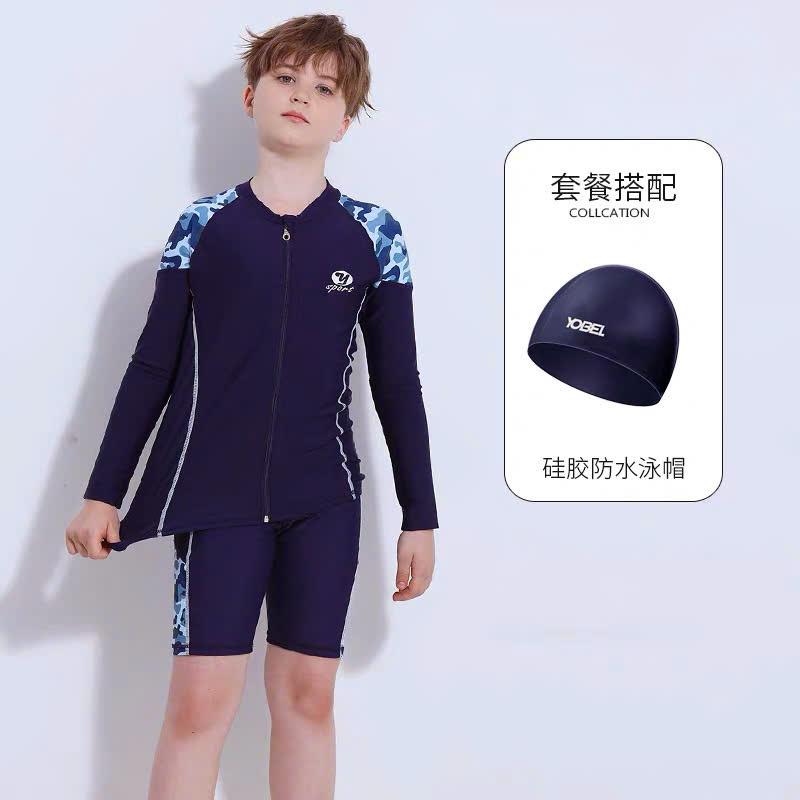 Đồ bơi bé trai tay dài quần lửng Yobel phối vai sườn xám, khóa kéo trước tiện lợi