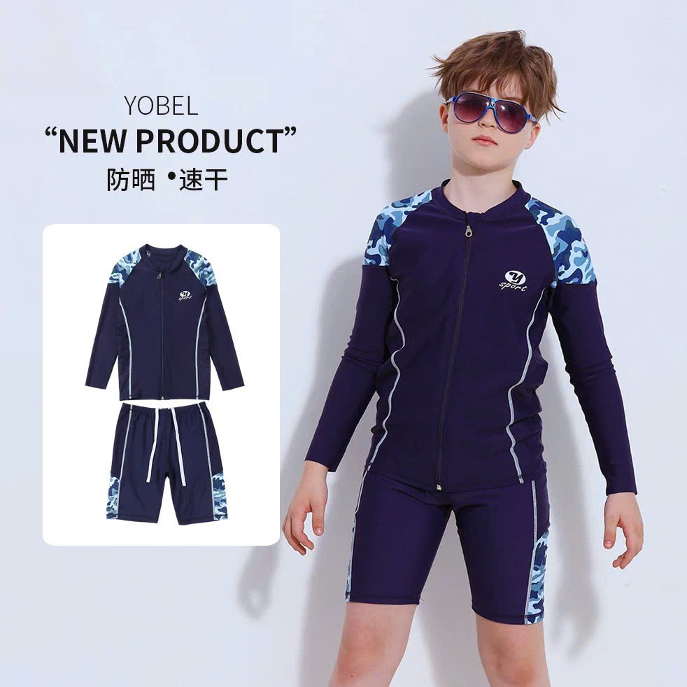 Đồ bơi bé trai tay dài quần lửng Yobel phối vai sườn xám, khóa kéo trước tiện lợi