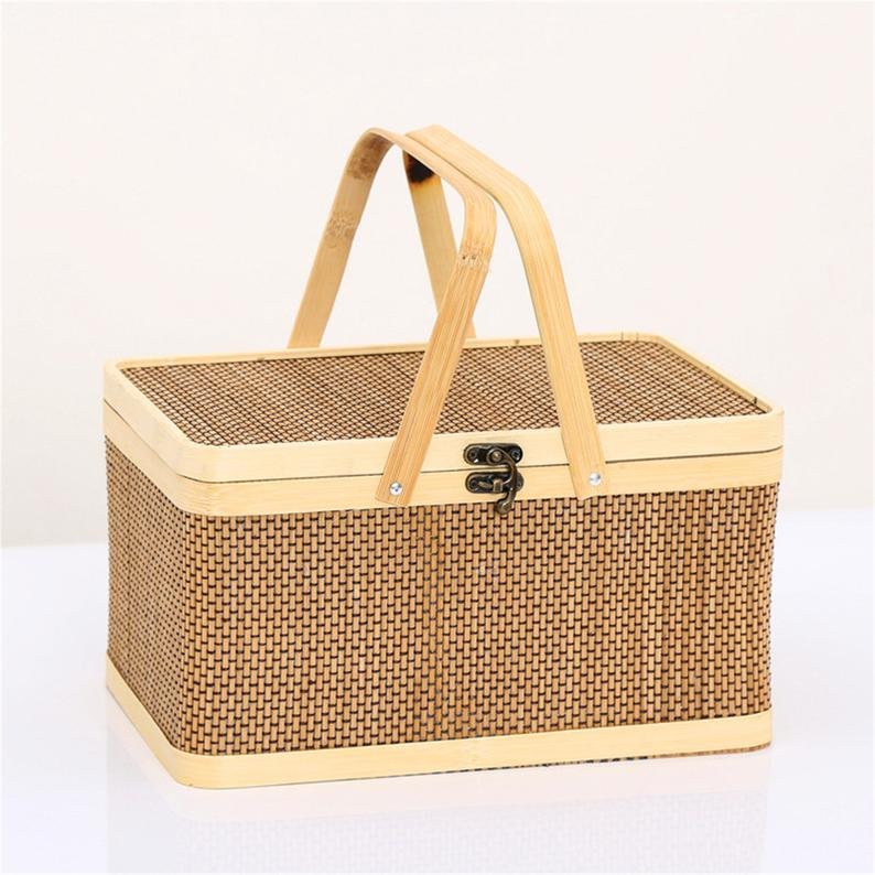 Bamboo Wicker storage basket with rope and handle bamboo basket with lock catch with lid for home decoration