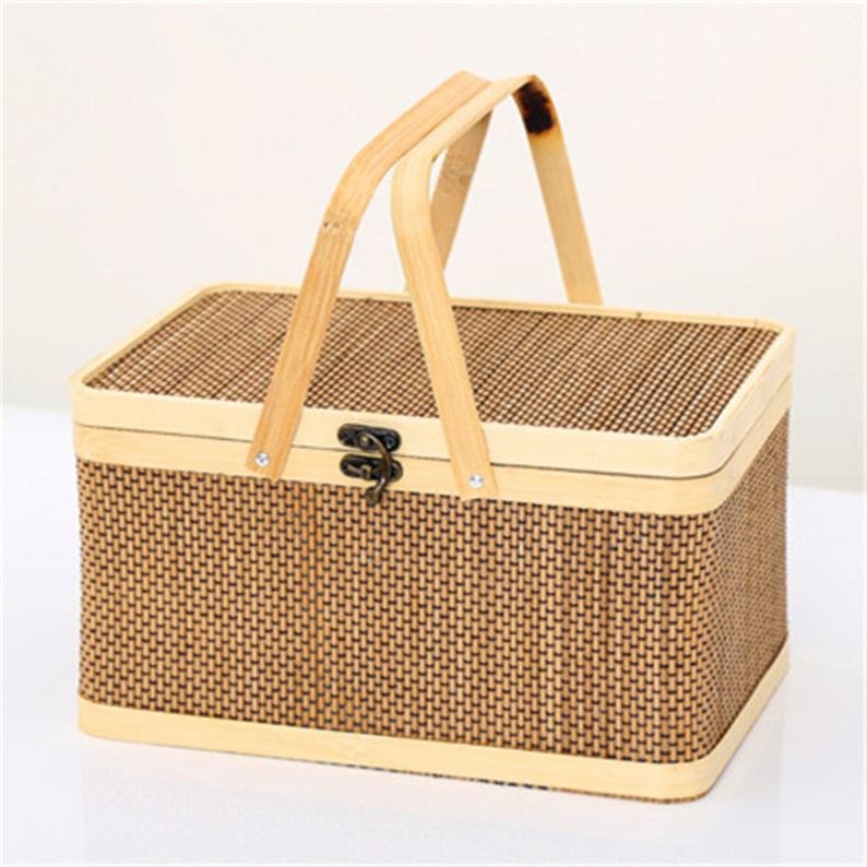 Bamboo Wicker storage basket with rope and handle bamboo basket with lock catch with lid for home decoration