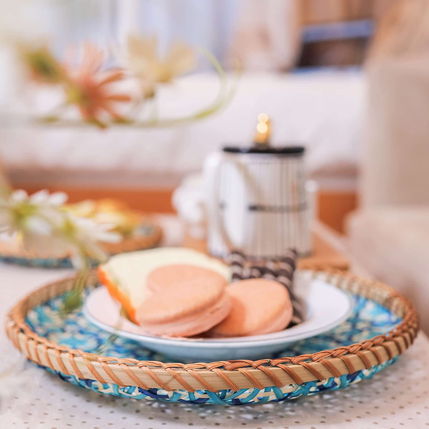 Bamboo Wood Natural Round Serving Food Tray, Raised Edge with Cut-Out Handles