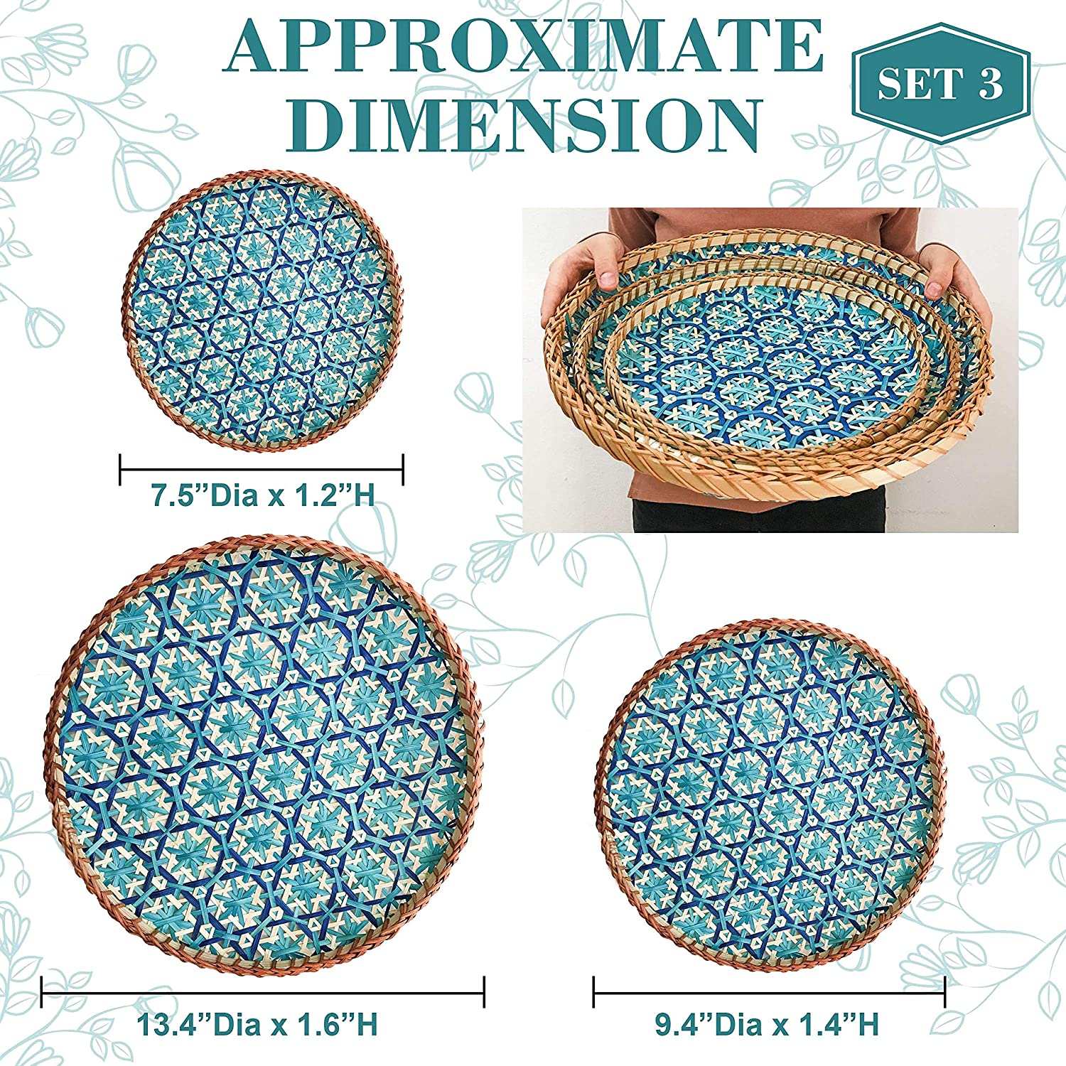 Bamboo Wood Natural Round Serving Food Tray, Raised Edge with Cut-Out Handles