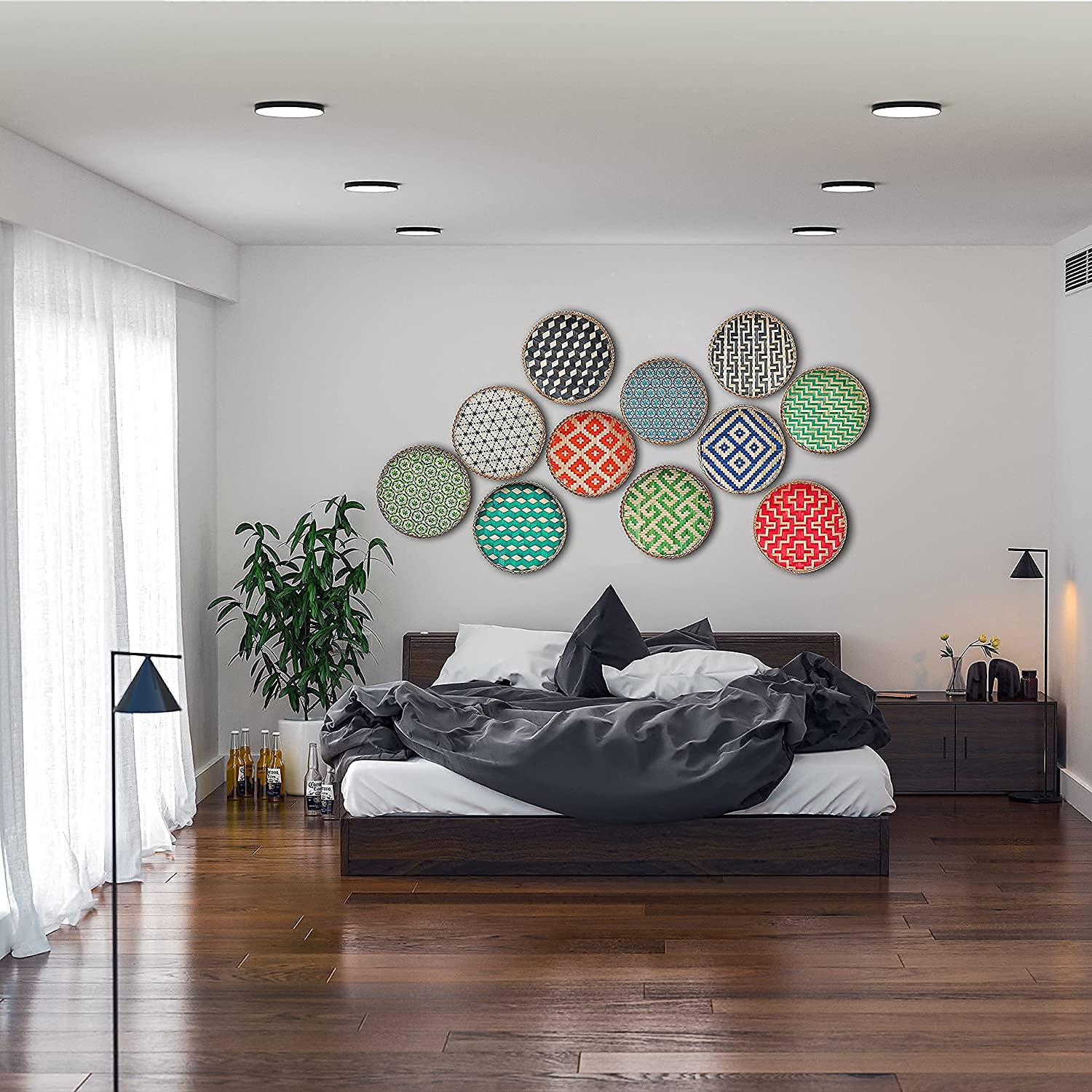 wholesale 12 inches cheap custom modern style eco melamine round bamboo fiber serving tray set with handle own print