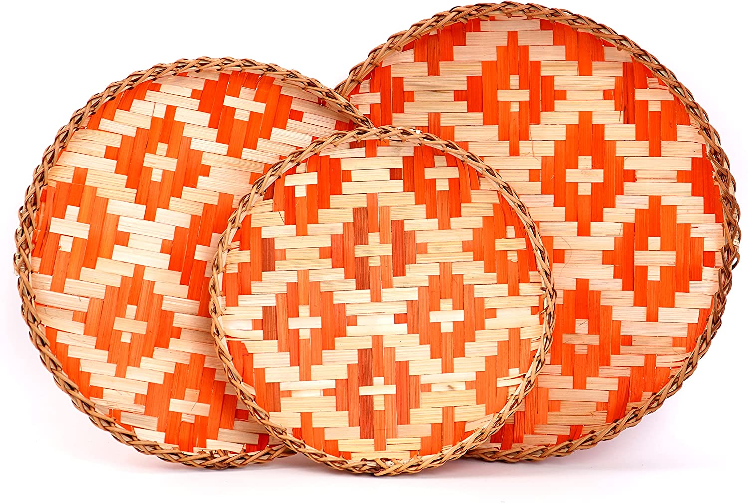 wholesale 12 inches cheap custom modern style eco melamine round bamboo fiber serving tray set with handle own print