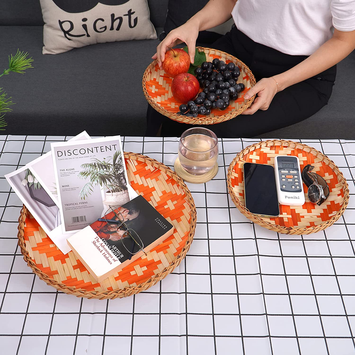 wholesale 12 inches cheap custom modern style eco melamine round bamboo fiber serving tray set with handle own print