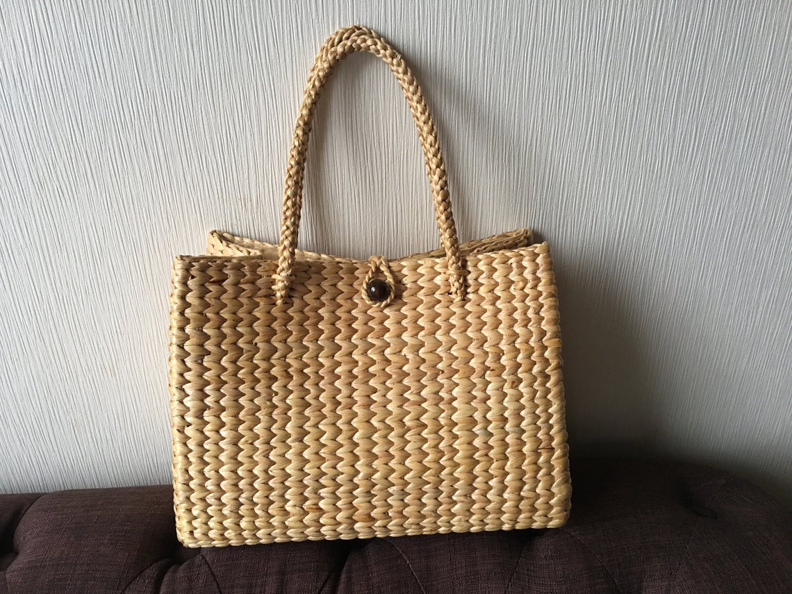 SALE Water Hyacinth Bag With Free Pompom, Handwoven Straw Bag, Boho Bohemian Bag, Women Handmade Woven Straw Bag, Rattan Bag (Large)