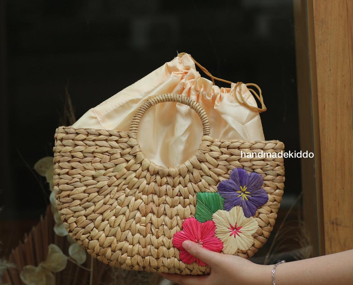 100% Natural Basket Handmade Water Hyacinth Bag Woven Bag Straw Beach Handbag