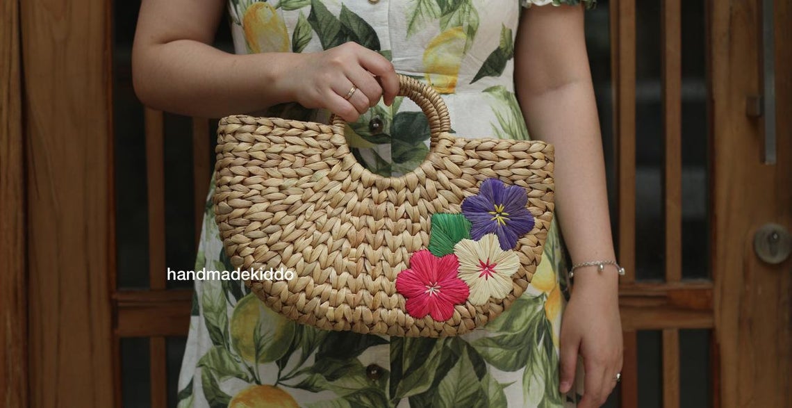 100% Natural Basket Handmade Water Hyacinth Bag Woven Bag Straw Beach Handbag