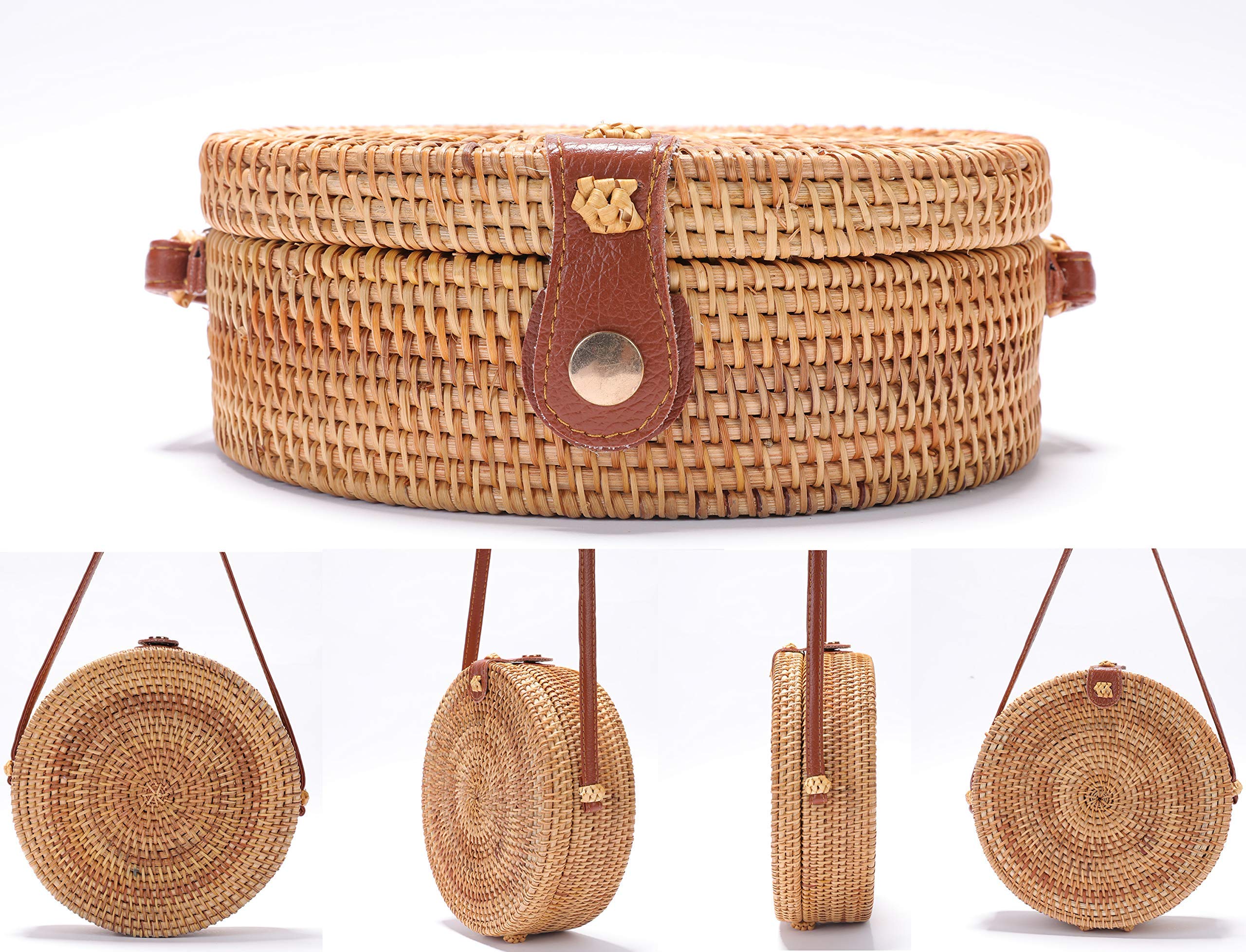 Hot item Summer 2020 Round Bali Beach Rattan Bags Handmade Leather Strap woven Circle Ladies Purse Handbags