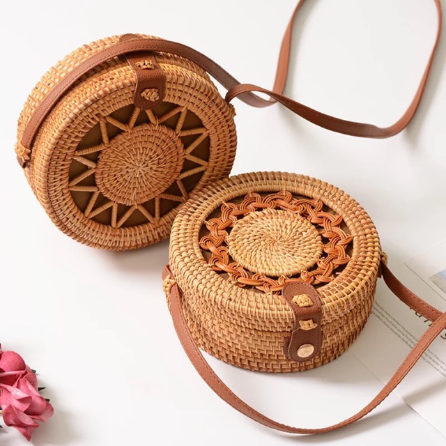 Vietnam Beauty Handmade Bali Round Rattan Bag With Strap Retro Summer Beach Shoulder Circle Ladies Handbags