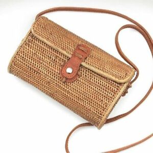 2020 Hot Fashion Handmade Woven Wicker Rattan Rectangular Purses and Handbags for Ladies with Leather Strap