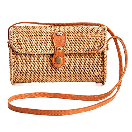 2020 Hot Fashion Handmade Woven Wicker Rattan Rectangular Purses and Handbags for Ladies with Leather Strap