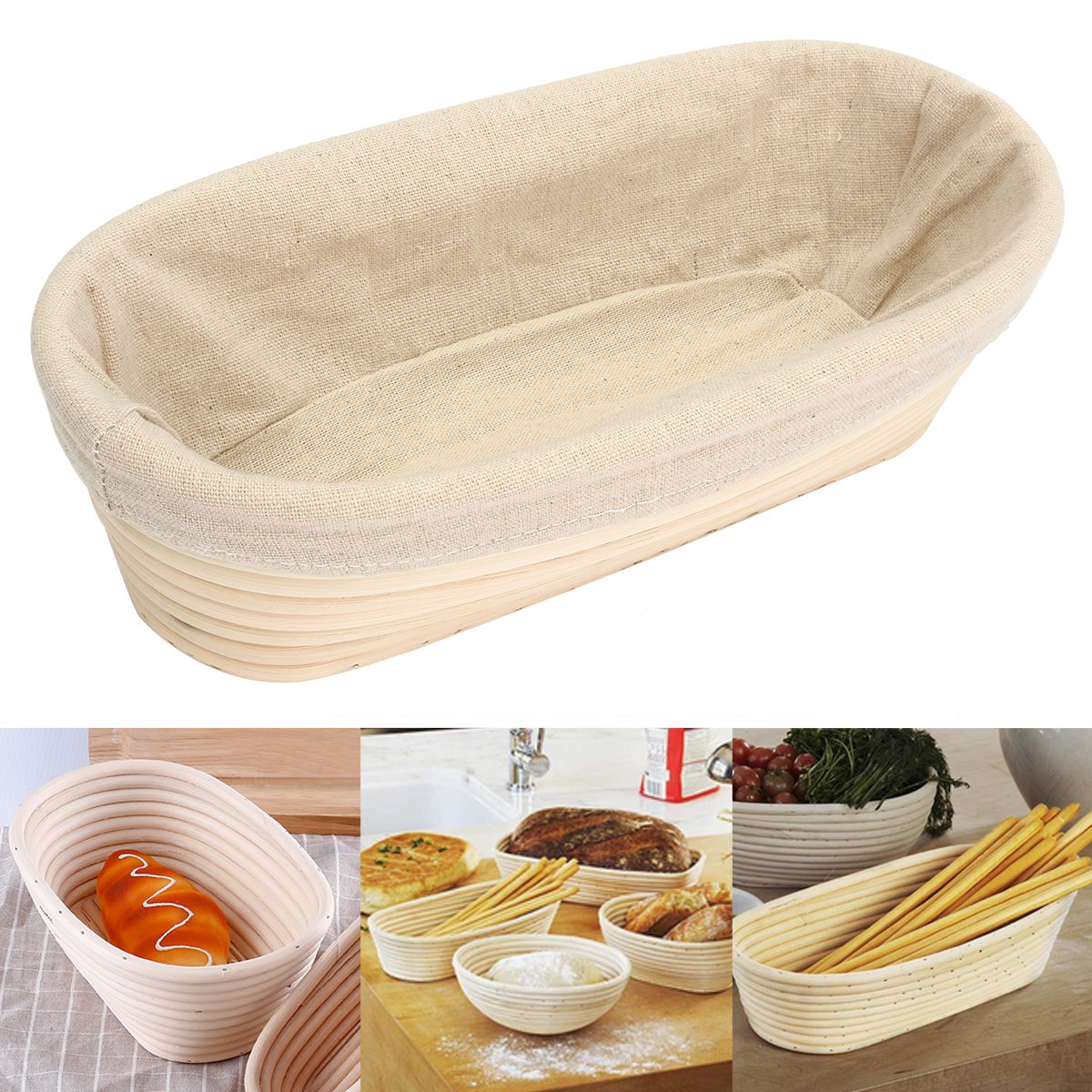 High quality 100% Eco-friendly Rattan Long Oval Rattan Bread Proofing Basket 28 cm Bread Maker with Liner