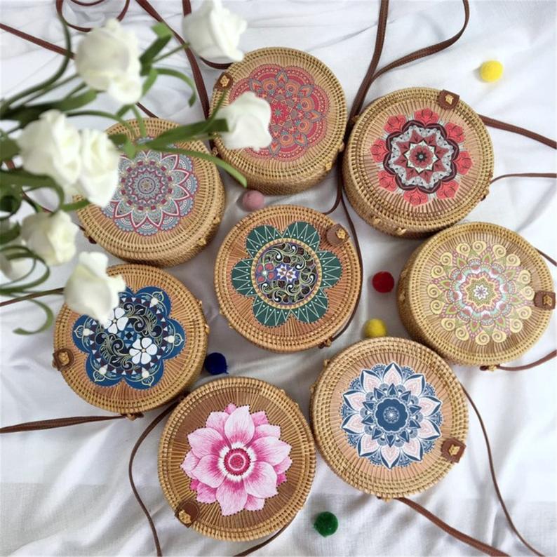 Handmade Hard Straw Water Hyacinth Natural Vegan Purse with Pastel Keychain