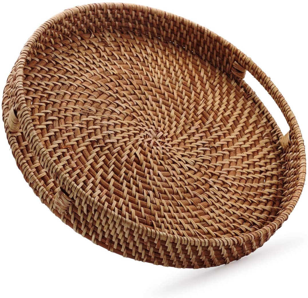 Round Rattan Woven Serving Tray with Handles Ottoman Tray for Breakfast, Drinks, Snack for Coffee Table, Home Decorative (16.9 inch, Honey Brown)