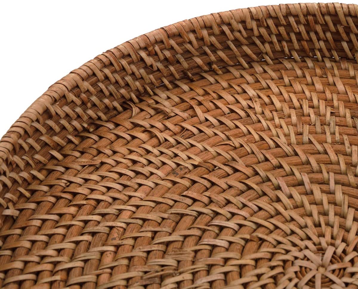 Round Rattan Woven Serving Tray with Handles Ottoman Tray for Breakfast, Drinks, Snack for Coffee Table, Home Decorative (16.9 inch, Honey Brown)