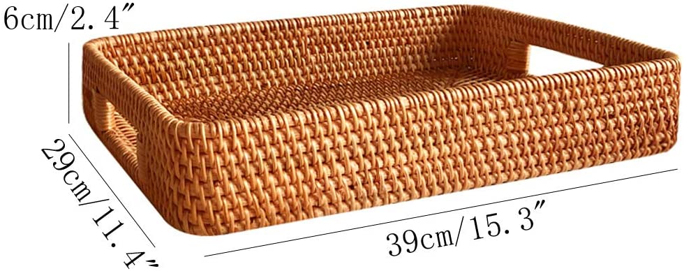 Large Size Handwoven Serving Tray, Rattan Basket with Cutout Handles, Rectangular Bread Tray, Wicker Basket Tray for Dessert, Snack, Candy, Brown