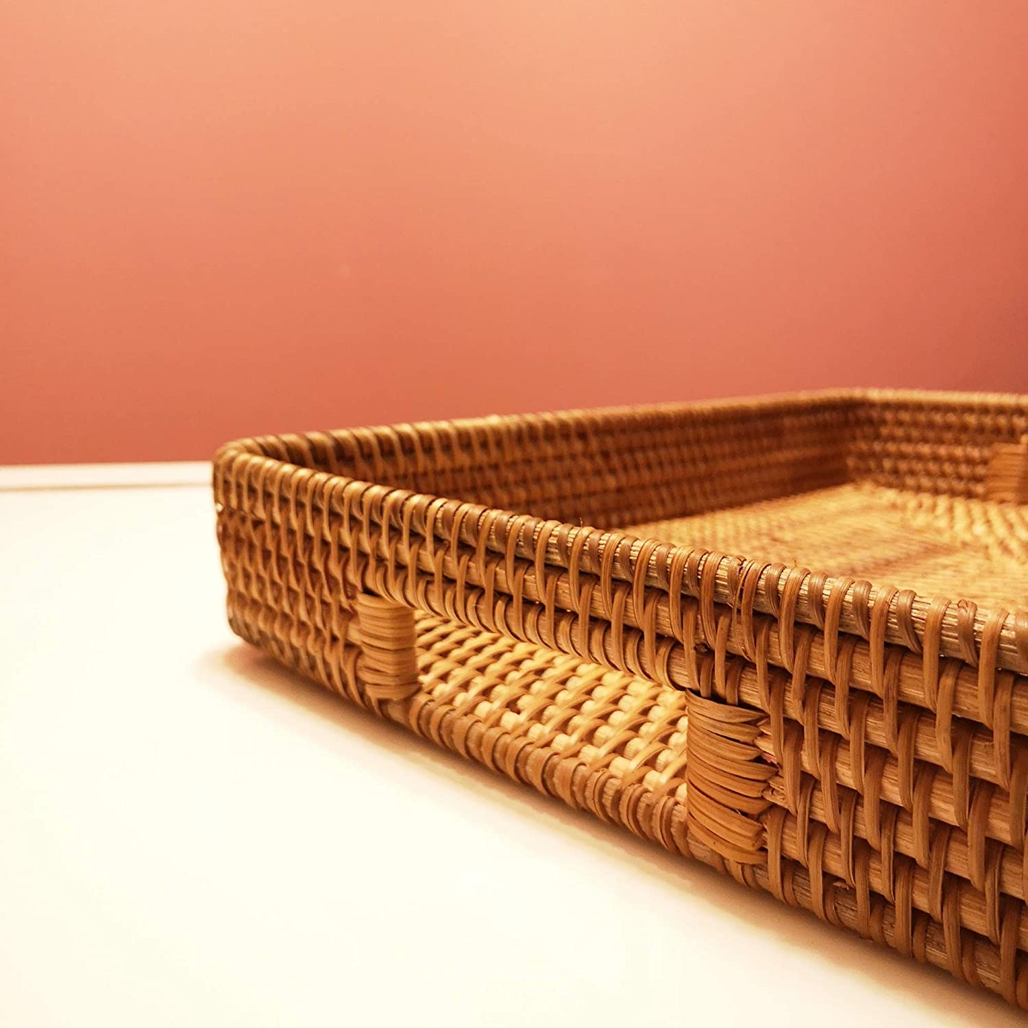 Large Size Handwoven Serving Tray, Rattan Basket with Cutout Handles, Rectangular Bread Tray, Wicker Basket Tray for Dessert, Snack, Candy, Brown