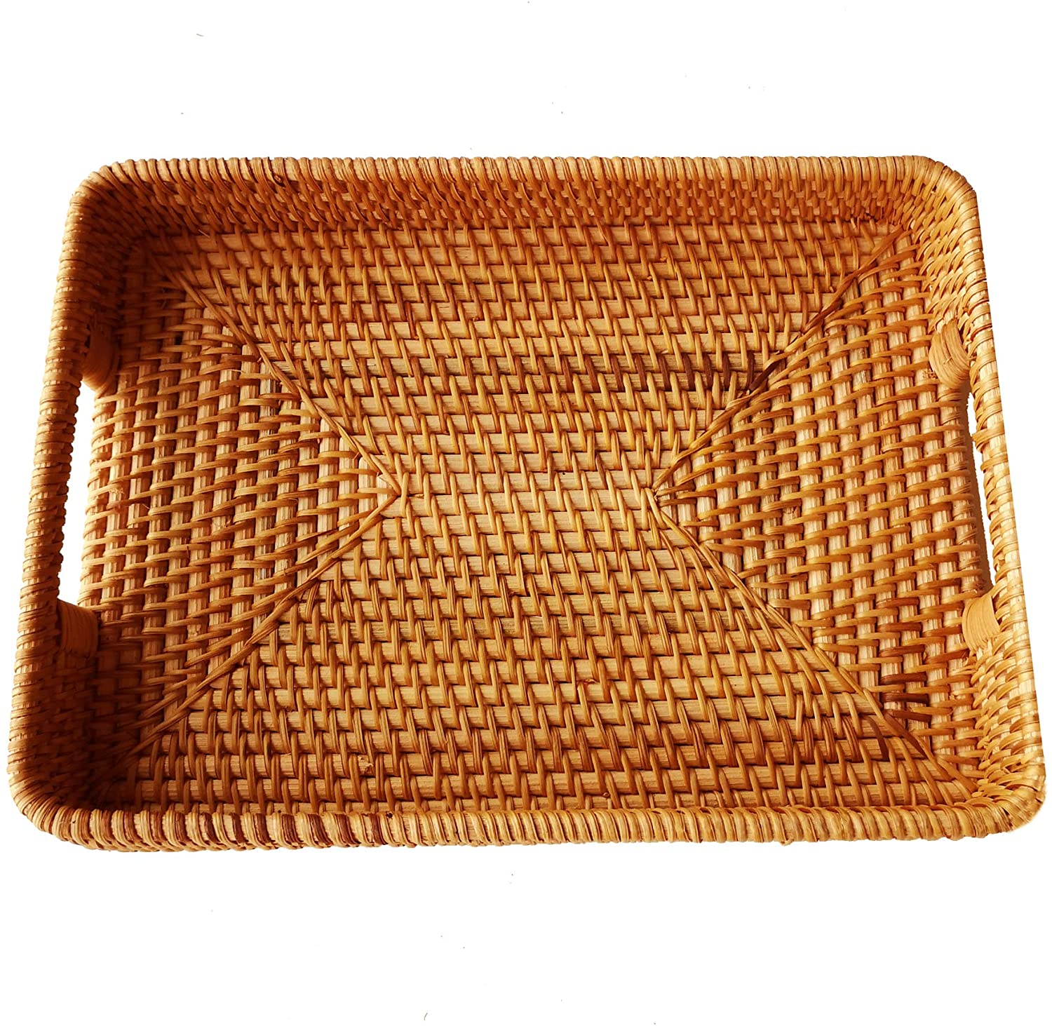 Large Size Handwoven Serving Tray, Rattan Basket with Cutout Handles, Rectangular Bread Tray, Wicker Basket Tray for Dessert, Snack, Candy, Brown