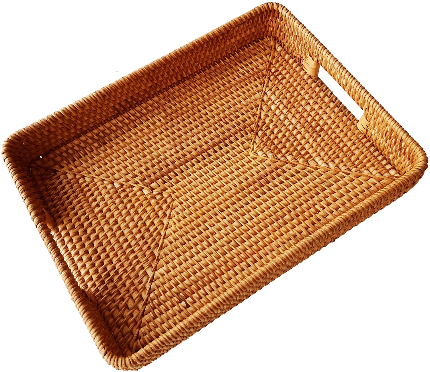 Large Size Handwoven Serving Tray, Rattan Basket with Cutout Handles, Rectangular Bread Tray, Wicker Basket Tray for Dessert, Snack, Candy, Brown