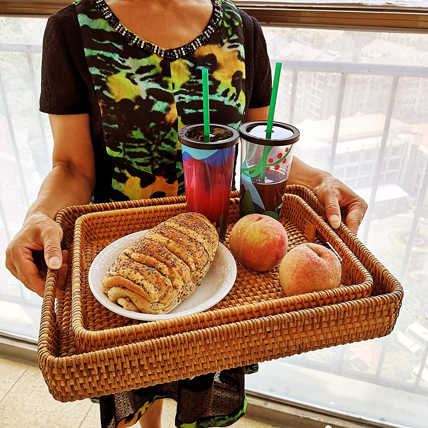 Large Size Handwoven Serving Tray, Rattan Basket with Cutout Handles, Rectangular Bread Tray, Wicker Basket Tray for Dessert, Snack, Candy, Brown