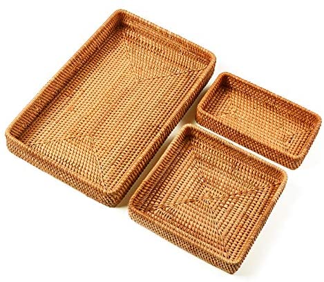 Set of 3 Handmade Rattan Rectangle Serving Tray Wicker Serving Organizer Tabletop Fruit Platter