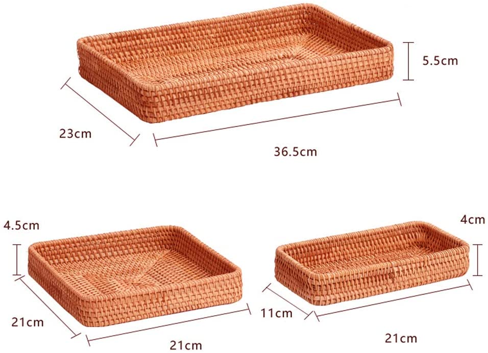 Set of 3 Handmade Rattan Rectangle Serving Tray Wicker Serving Organizer Tabletop Fruit Platter