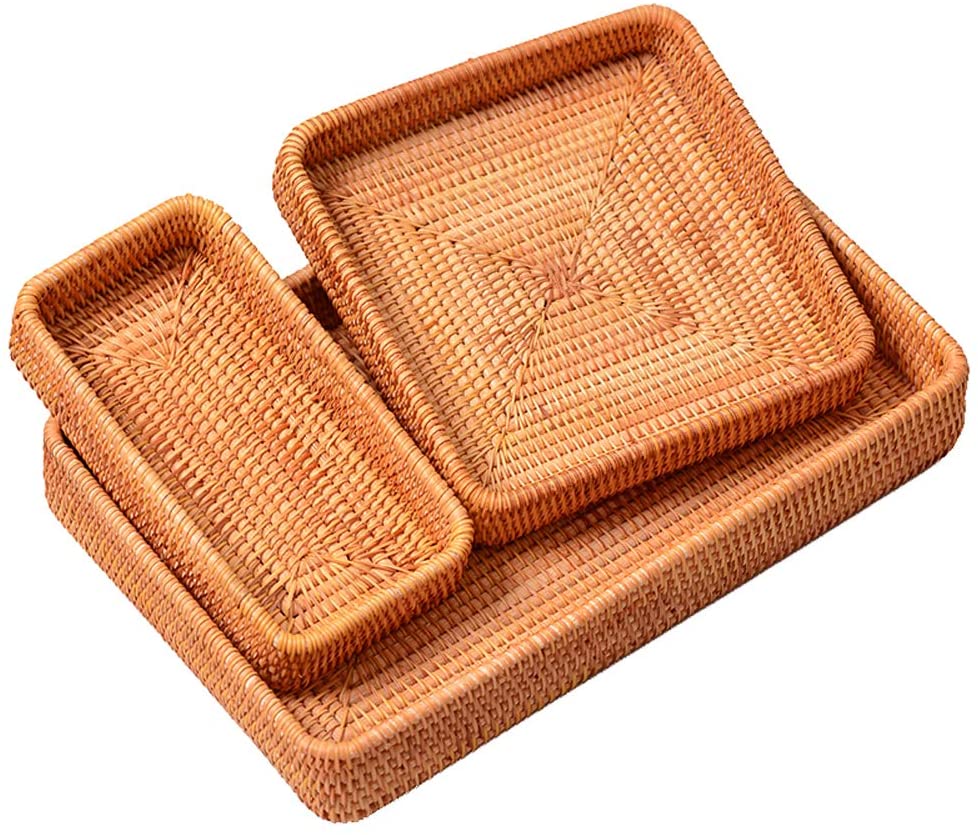 Set of 3 Handmade Rattan Rectangle Serving Tray Wicker Serving Organizer Tabletop Fruit Platter
