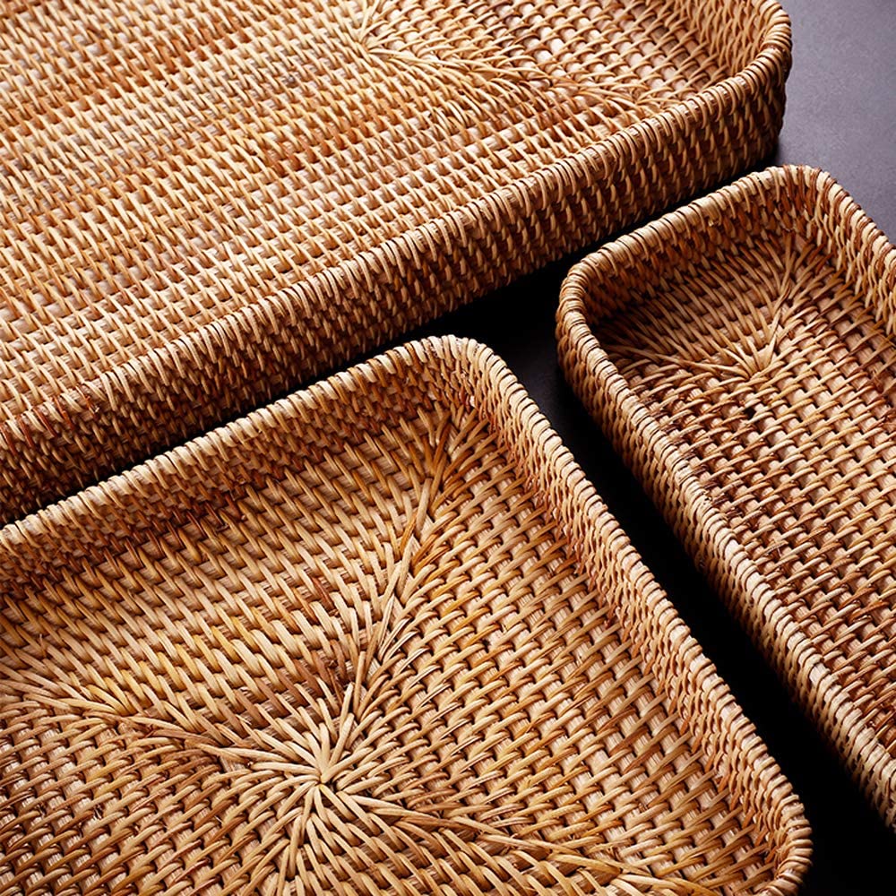 Set of 3 Handmade Rattan Rectangle Serving Tray Wicker Serving Organizer Tabletop Fruit Platter