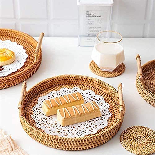 Rattan Hand Woven Round Decorative Rustic Serving Wicker Trays with Handles for Home / Social Events - Bread Basket, Vegetable, Fruits, Snacks