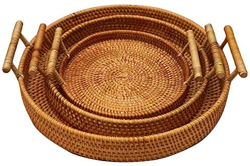 Rattan Hand Woven Round Decorative Rustic Serving Wicker Trays with Handles for Home / Social Events - Bread Basket, Vegetable, Fruits, Snacks