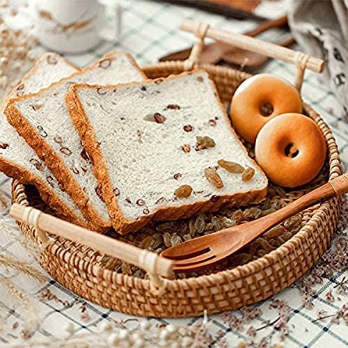 Rattan Hand Woven Round Decorative Rustic Serving Wicker Trays with Handles for Home / Social Events - Bread Basket, Vegetable, Fruits, Snacks