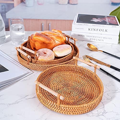 Rattan Hand Woven Round Decorative Rustic Serving Wicker Trays with Handles for Home / Social Events - Bread Basket, Vegetable, Fruits, Snacks