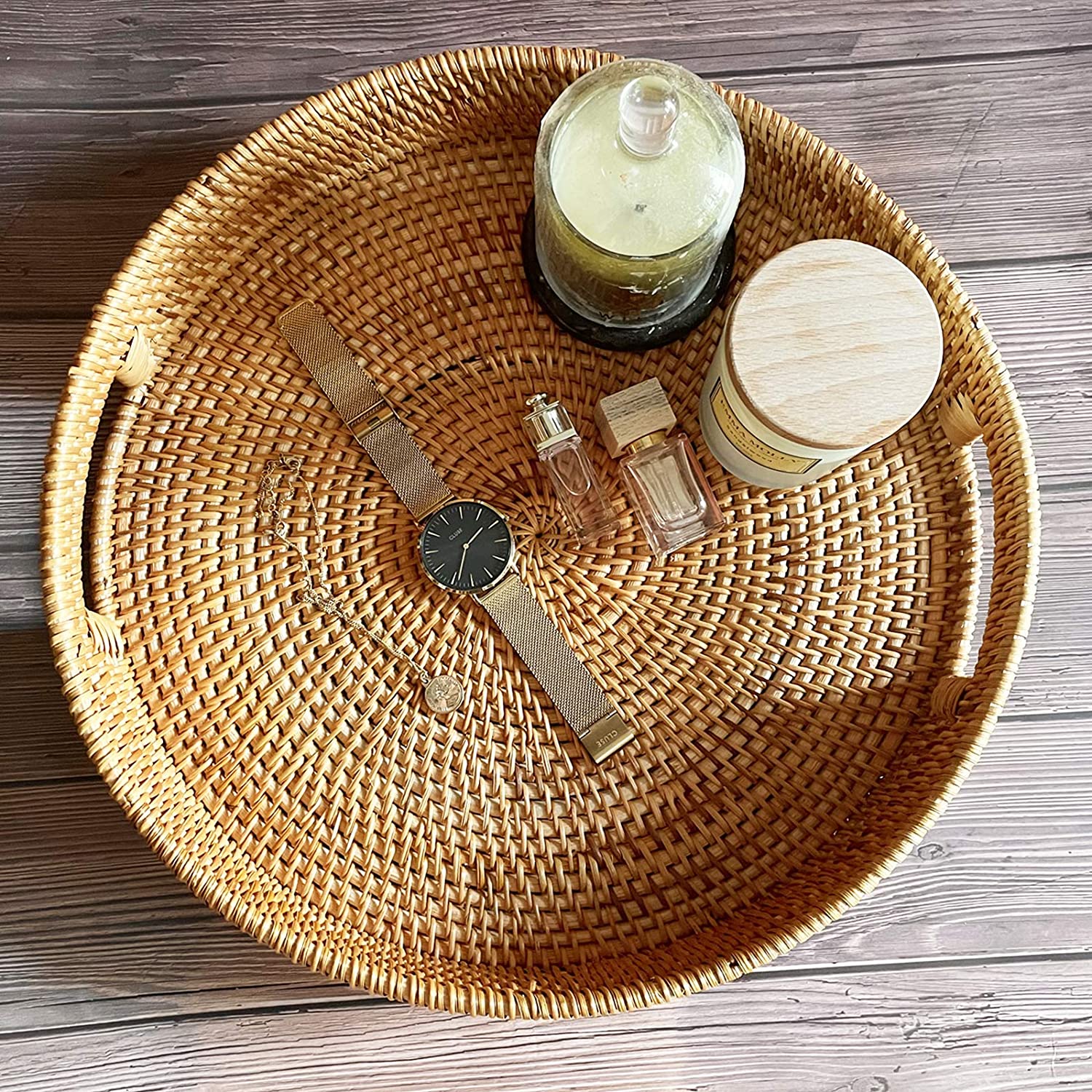 Round Rattan Serving Tray with Handles, Natural Rattan Handmade Woven, Food Serving Woven Tray for Breakfast, Drinks, Snacks for Coffee Table, Home Decor