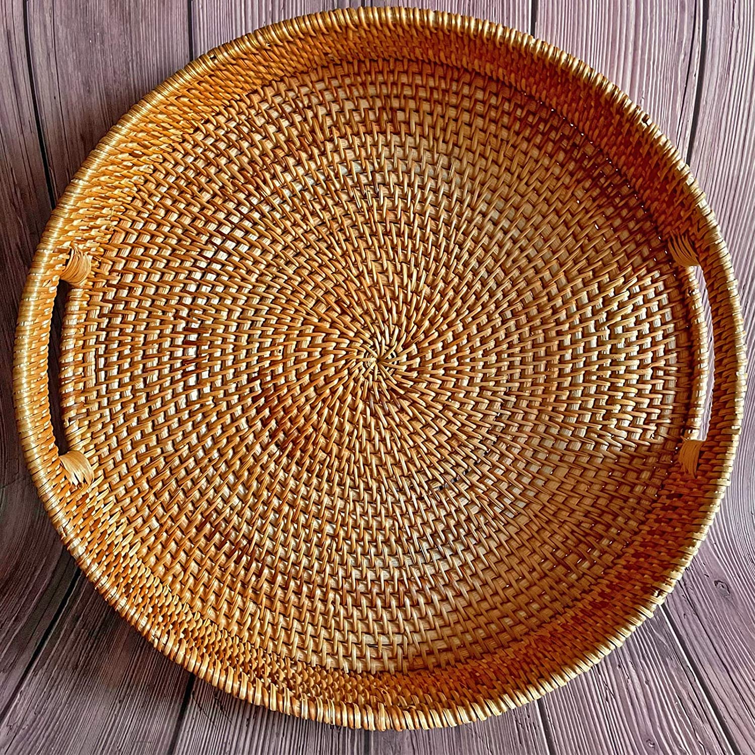 Round Rattan Serving Tray with Handles, Natural Rattan Handmade Woven, Food Serving Woven Tray for Breakfast, Drinks, Snacks for Coffee Table, Home Decor