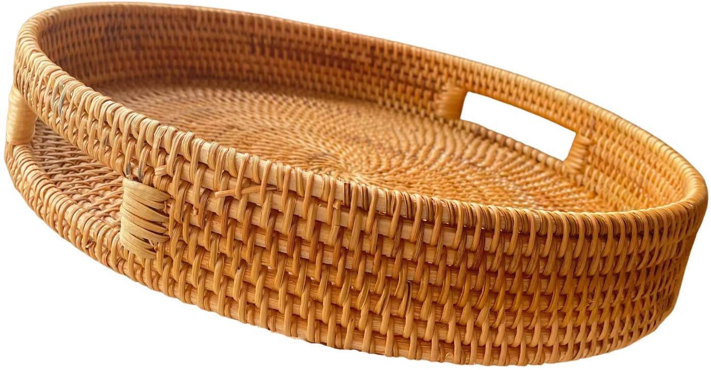 Round Rattan Serving Tray with Handles, Natural Rattan Handmade Woven, Food Serving Woven Tray for Breakfast, Drinks, Snacks for Coffee Table, Home Decor