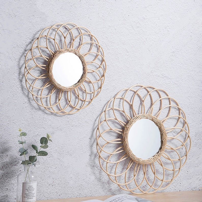 rattan wicker mirror / Sunflower framed decorative mirror / Bohemiam home decor / Boho decor / Round mirror / Bamboo entryway mirror