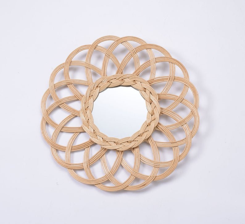 rattan wicker mirror / Sunflower framed decorative mirror / Bohemiam home decor / Boho decor / Round mirror / Bamboo entryway mirror