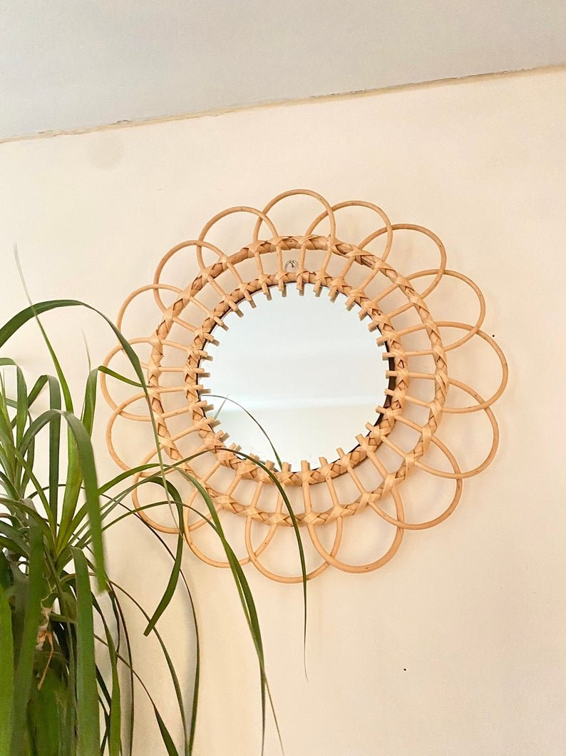 Wholesale Rattan Wall Hanging Mirror -Natural Wall Decor -Handmade -Beaded wall decor - Raffia Wall Decor -Raffia Macrame