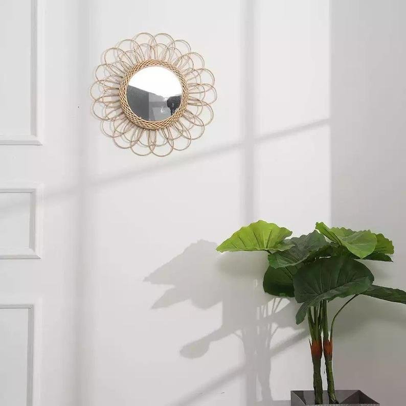 Wholesale Rattan Wall Hanging Mirror -Natural Wall Decor -Handmade -Beaded wall decor - Raffia Wall Decor -Raffia Macrame
