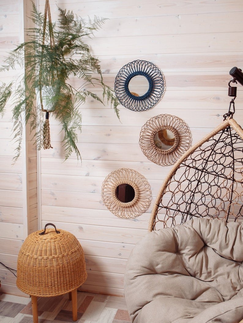 50cm Rattan Mirror Wall Hanging Rattan Mirror Framed Wall Mirror Boho Decor Bohemian Home Decor, Sunflower Rattan Mirror, Wicker Mirror