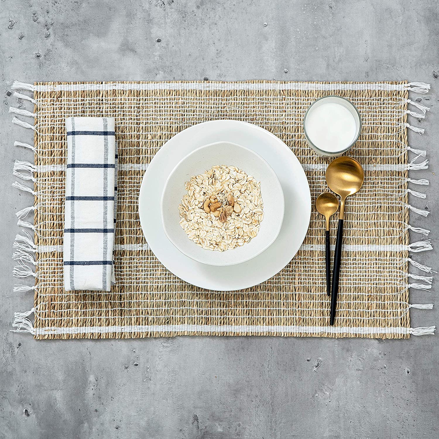 Woven Placemats - Set of 6, Natural Wicker Placemats, Seagrass Straw Braided Placemats, Heat Resistant Non-Slip Weave Placemats Handmade (Style 2)