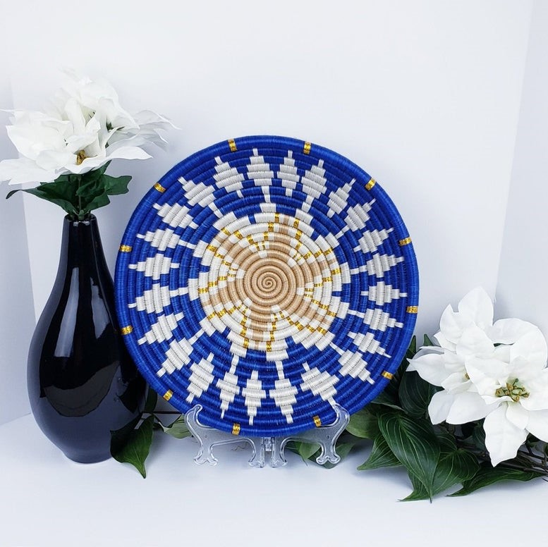 Blue African Hand Woven Wall Hanging Basket Decor/ Storage Accent Bowl Gift Basket for House Warming