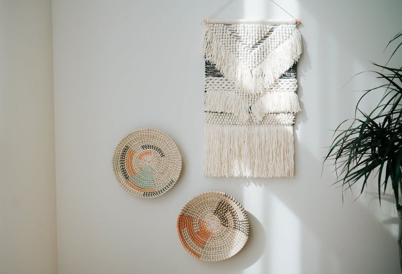 Set of 3 Wall Hanging Baskets Decor, Woven Tabletop Basket, Seagrass Woven Wall Basket Plates